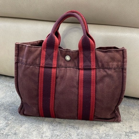 Hermes Paris Fourre Tout Burgundy Canvas Small Tote Bag Designer - Picture 1 of 17